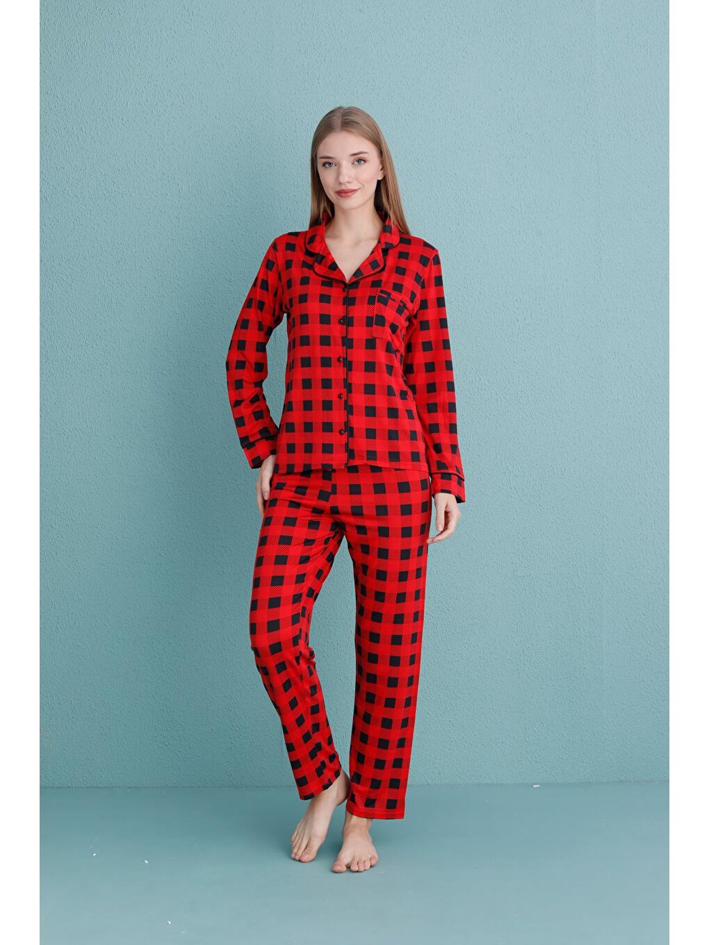 Kadın Milan Genç Önden Düğmeli Pijama Takımı | Kırmızı 50905-320-1