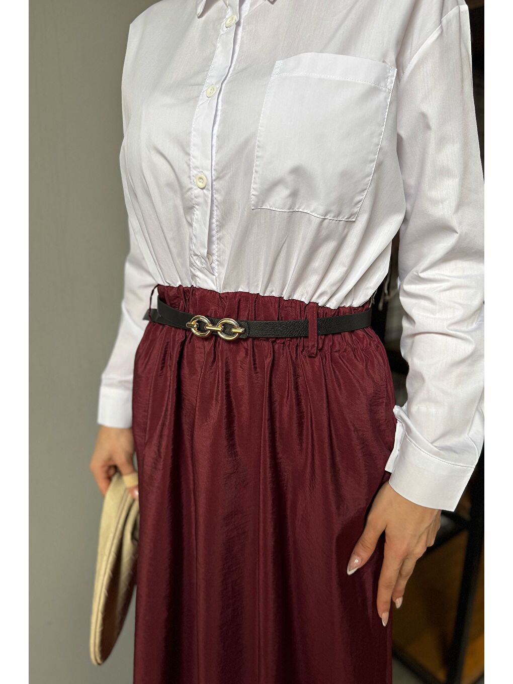 Bordo Paraşüt Garnili Kemerli Tesettür Elbise-5