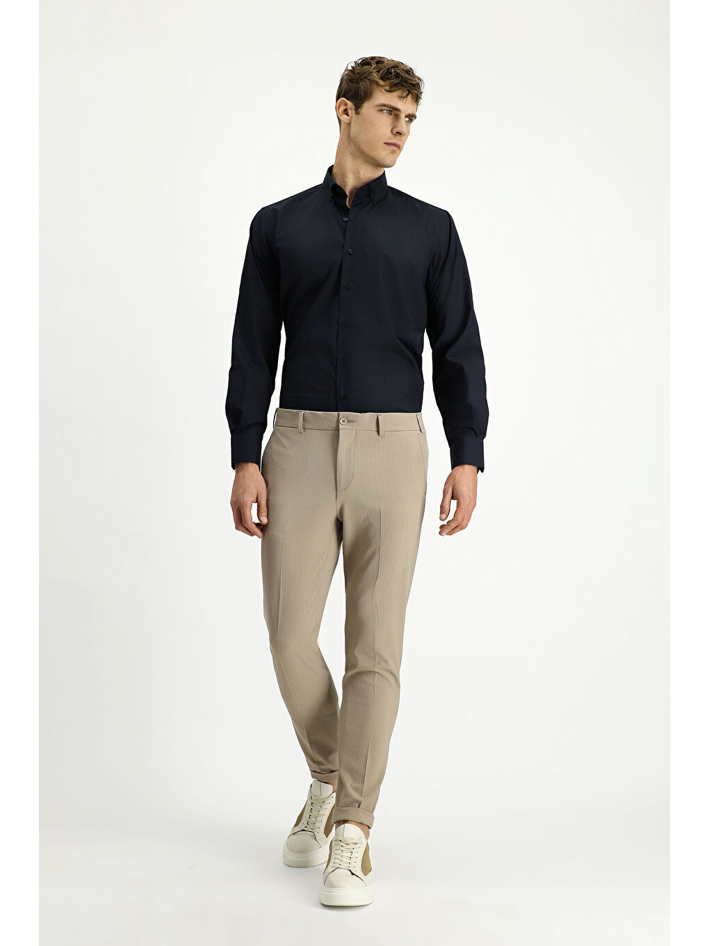 Kahverengi Super Slim Fit Ekstra Dar Kesim Elastanlı Çizgili Klasik Kumaş Pantolon-1