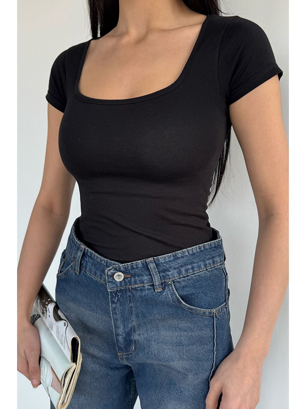 Siyah Kadın Kare Yaka Elastanlı Basic Body Bluz