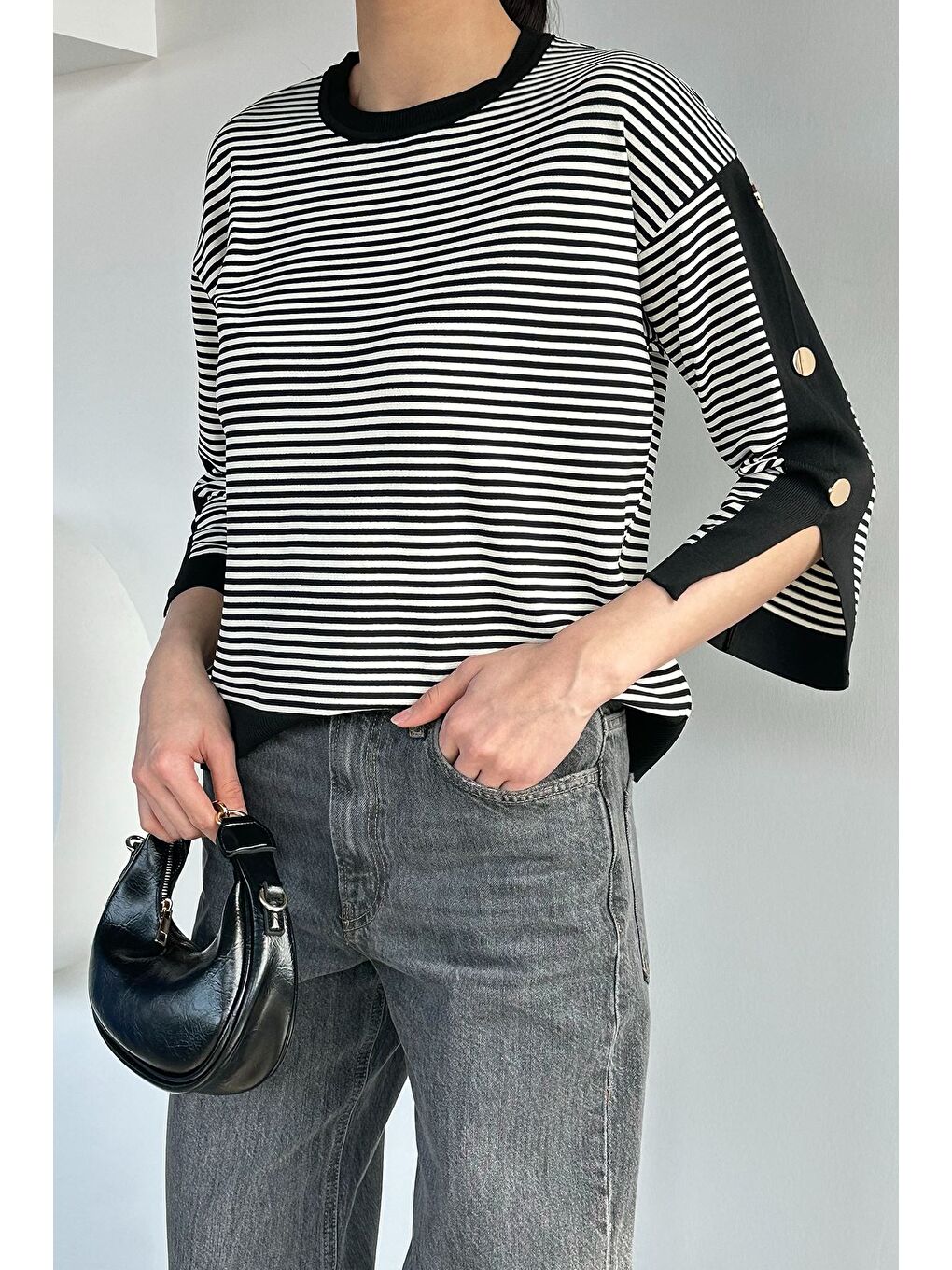 Siyah Kadın Çizgili Triko Bluz-1