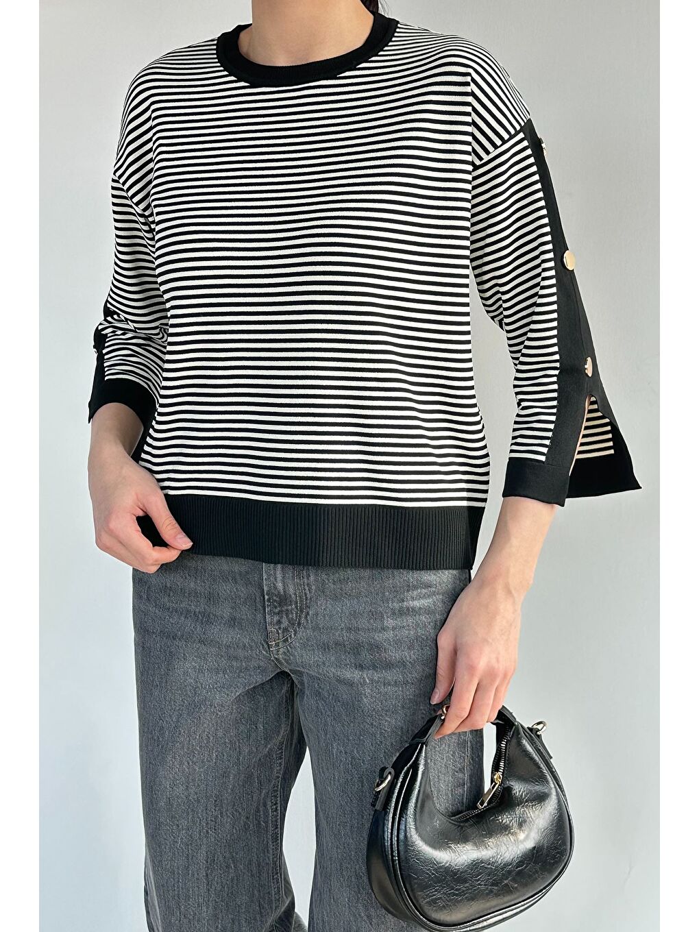 Siyah Kadın Çizgili Triko Bluz-2