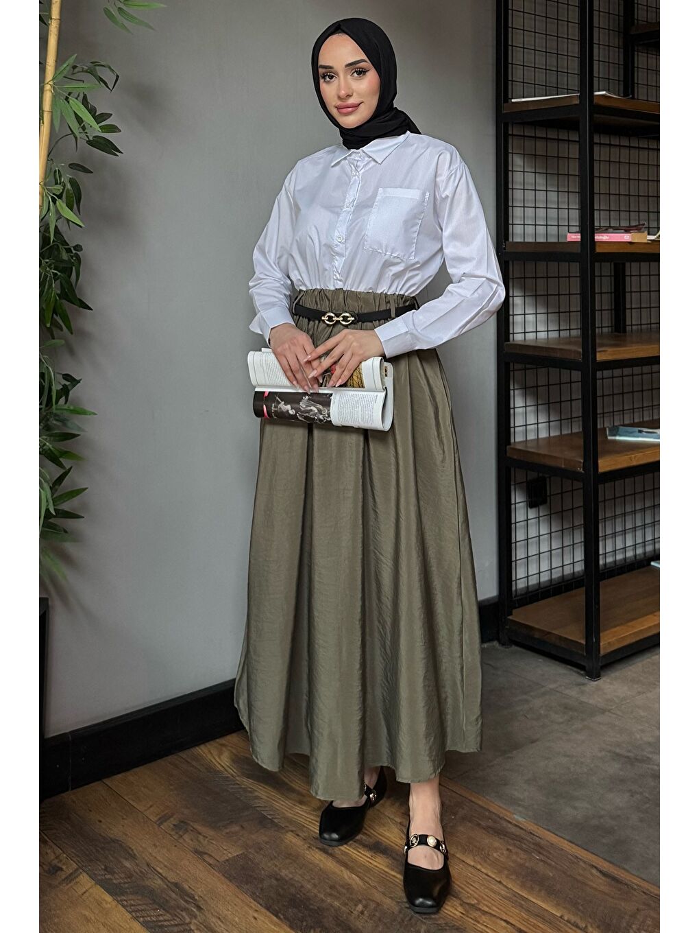 Haki Paraşüt Garnili Kemerli Tesettür Elbise-2