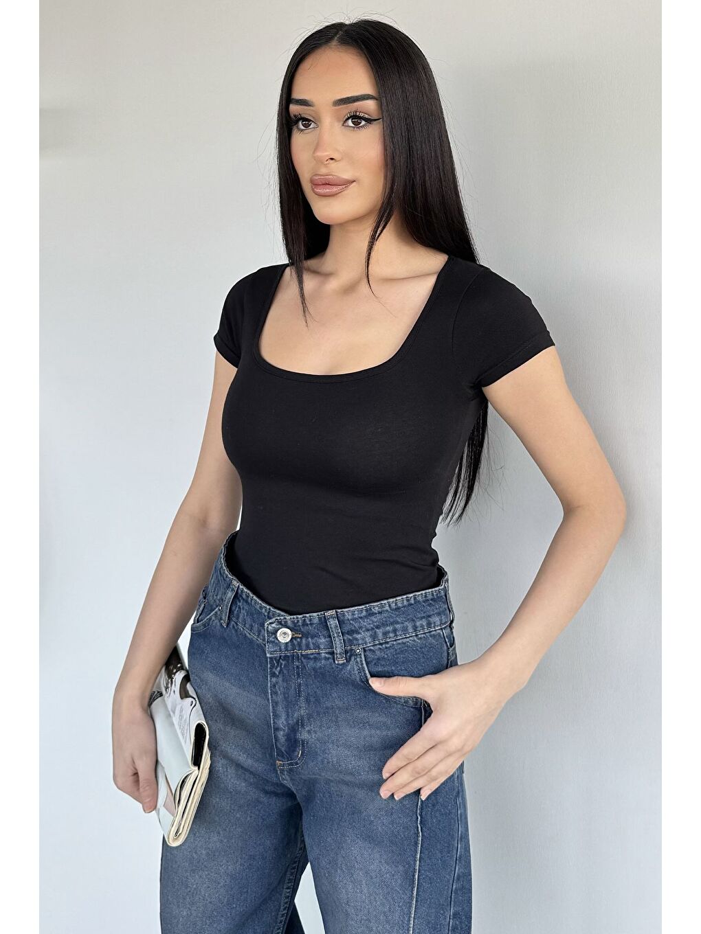 Siyah Kadın Kare Yaka Elastanlı Basic Body Bluz-1
