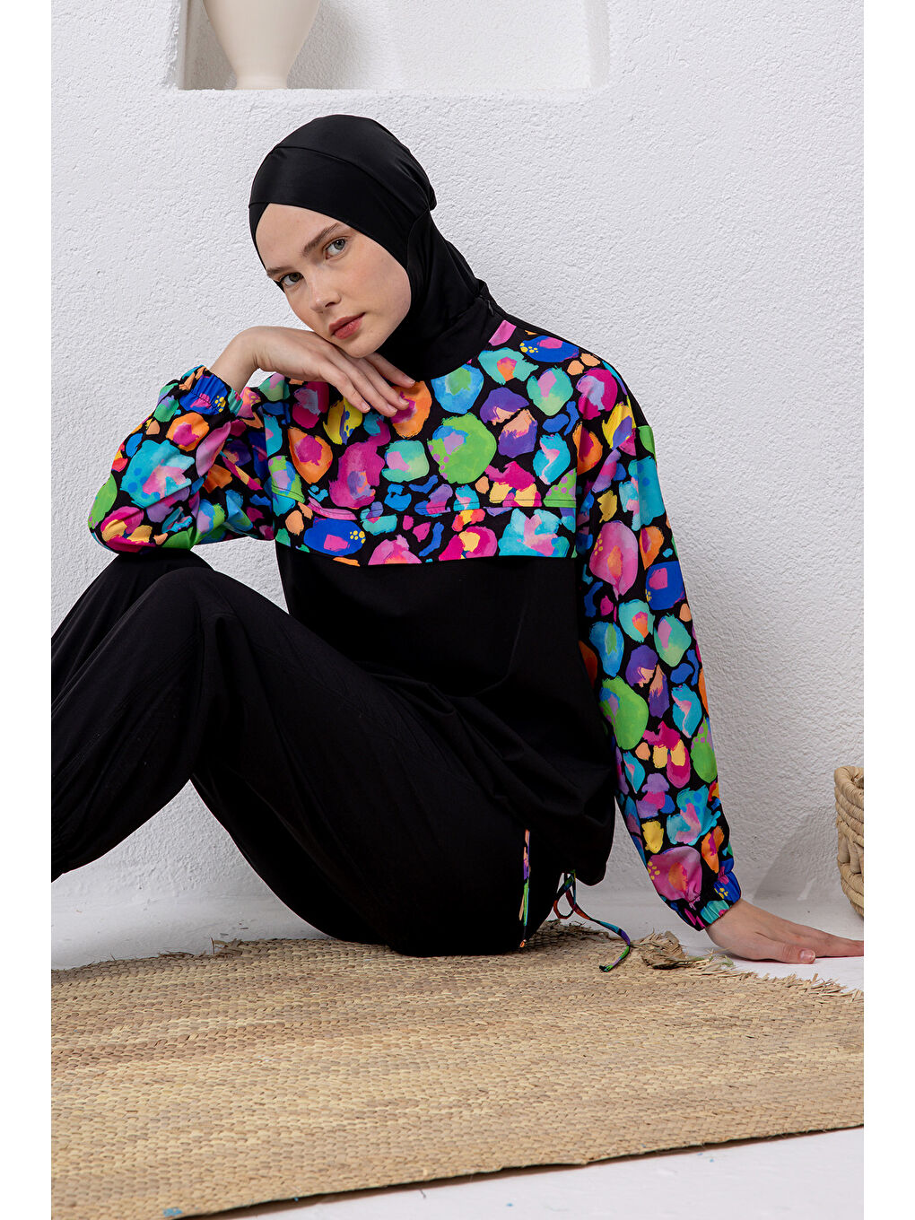 UV Korumalı Spor Elastan Tam Kapalı Tesettür Mayo 1216 Siyah-2