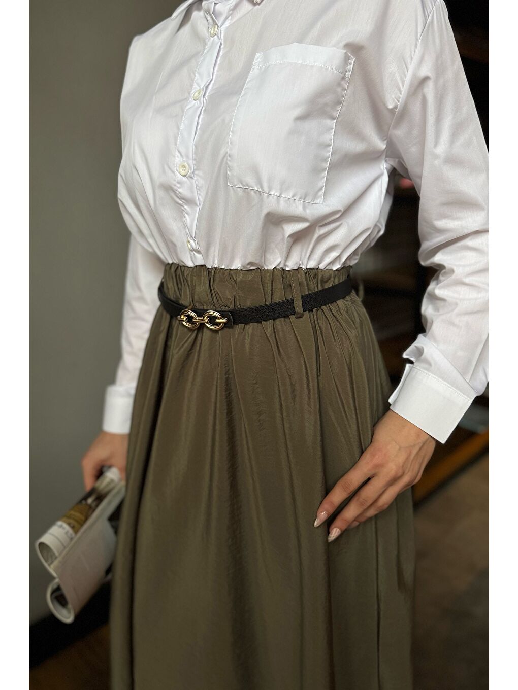 Haki Paraşüt Garnili Kemerli Tesettür Elbise-4