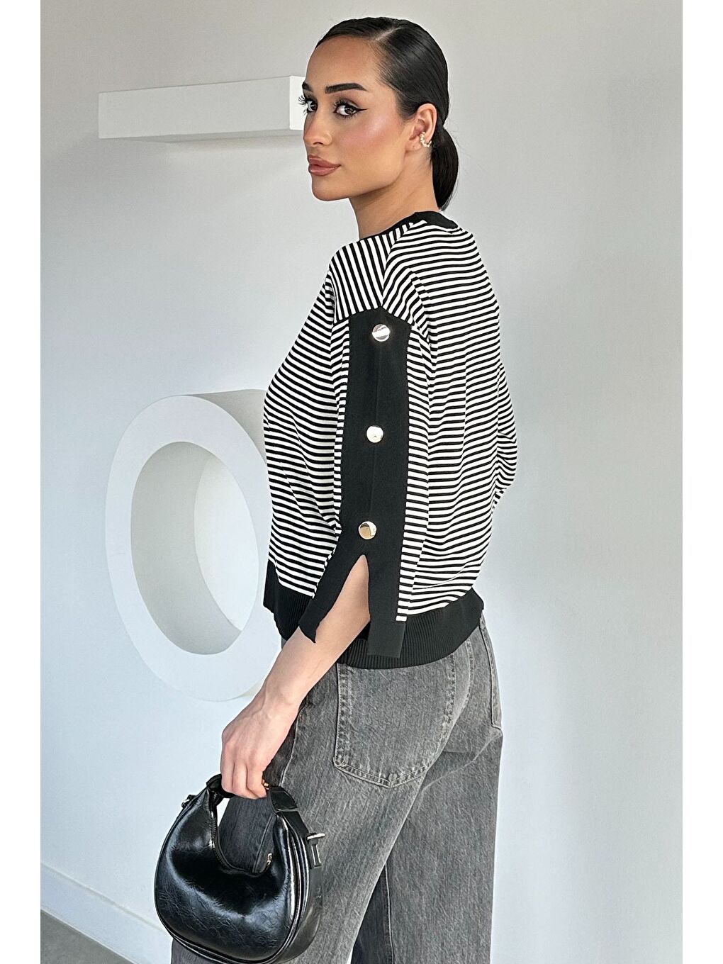 Siyah Kadın Çizgili Triko Bluz-3