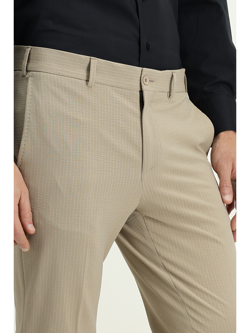 Kahverengi Super Slim Fit Ekstra Dar Kesim Elastanlı Çizgili Klasik Kumaş Pantolon-4