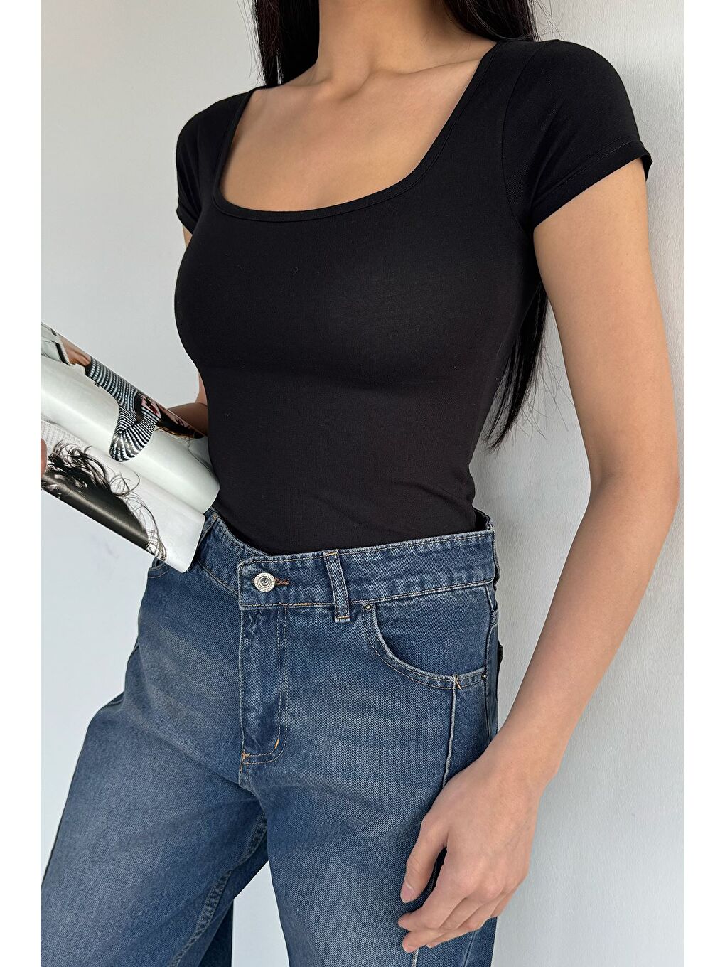 Siyah Kadın Kare Yaka Elastanlı Basic Body Bluz-2