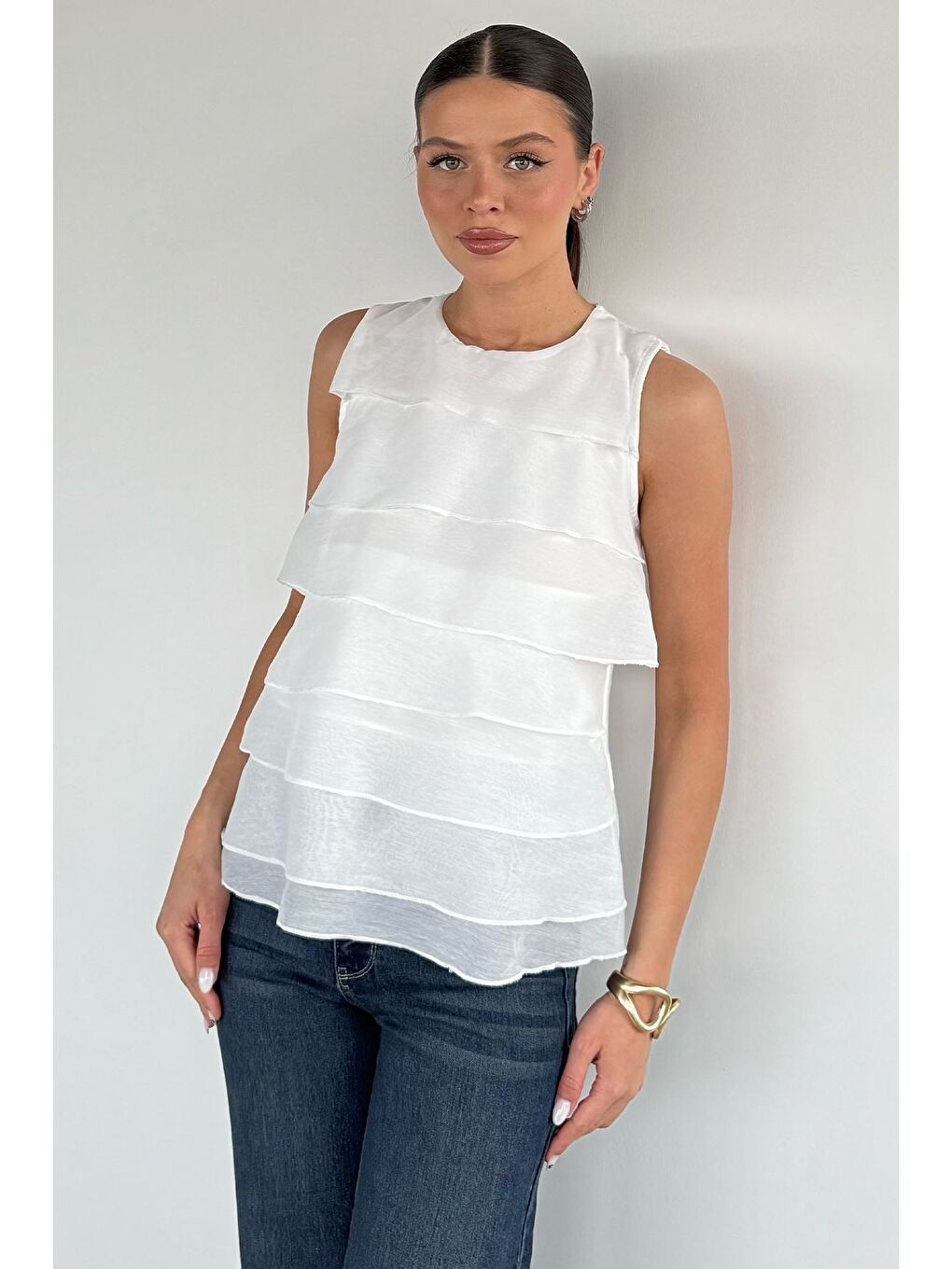 Beyaz Kadın Astarlı Kat Kat Bluz