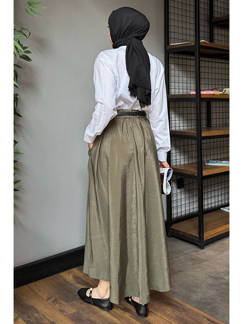 Haki Paraşüt Garnili Kemerli Tesettür Elbise-6