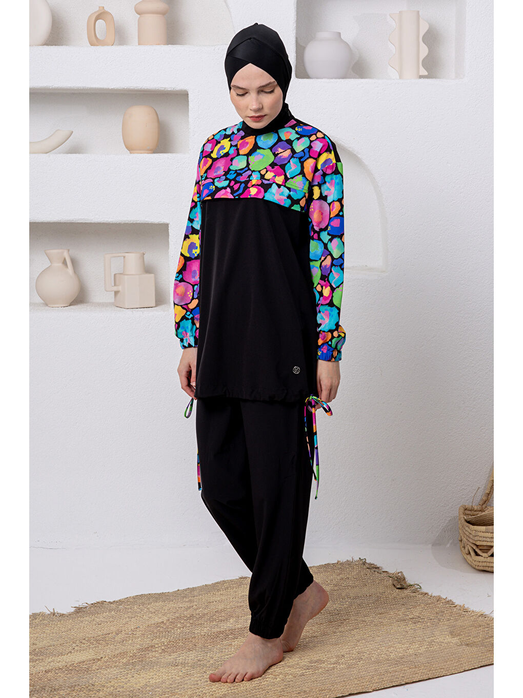 UV Korumalı Spor Elastan Tam Kapalı Tesettür Mayo 1216 Siyah-3