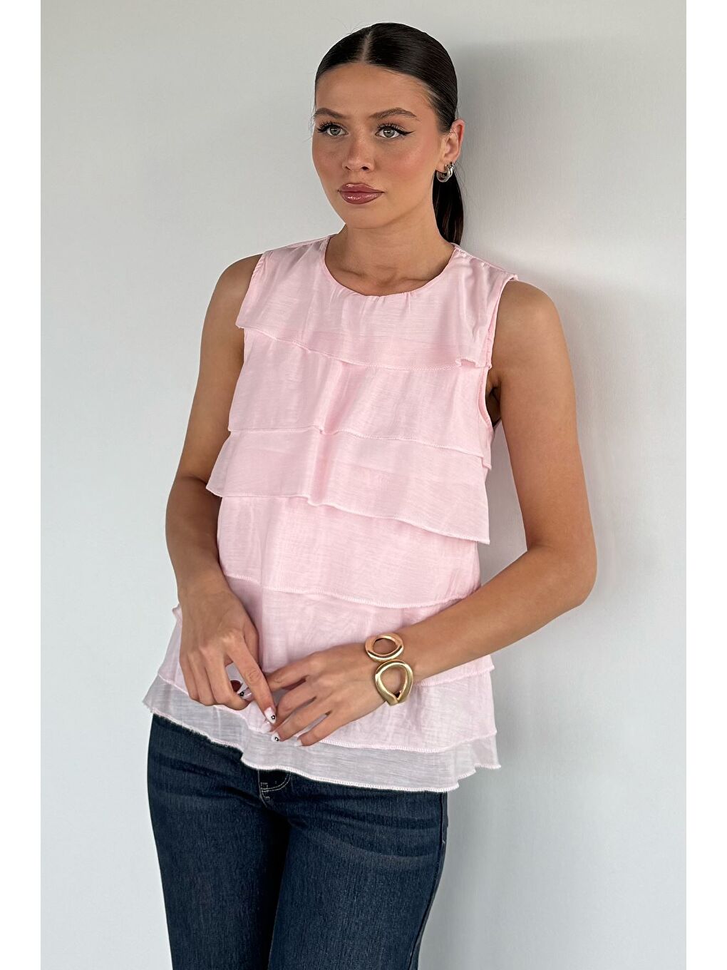 Pembe Kadın Astarlı Kat Kat Bluz