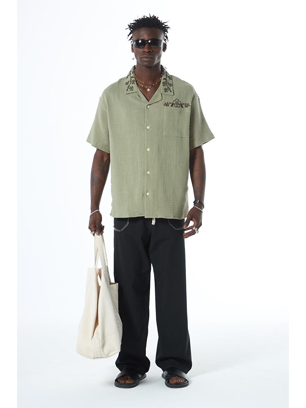 Nakış Detaylı Oversize Keten Gömlek Haki