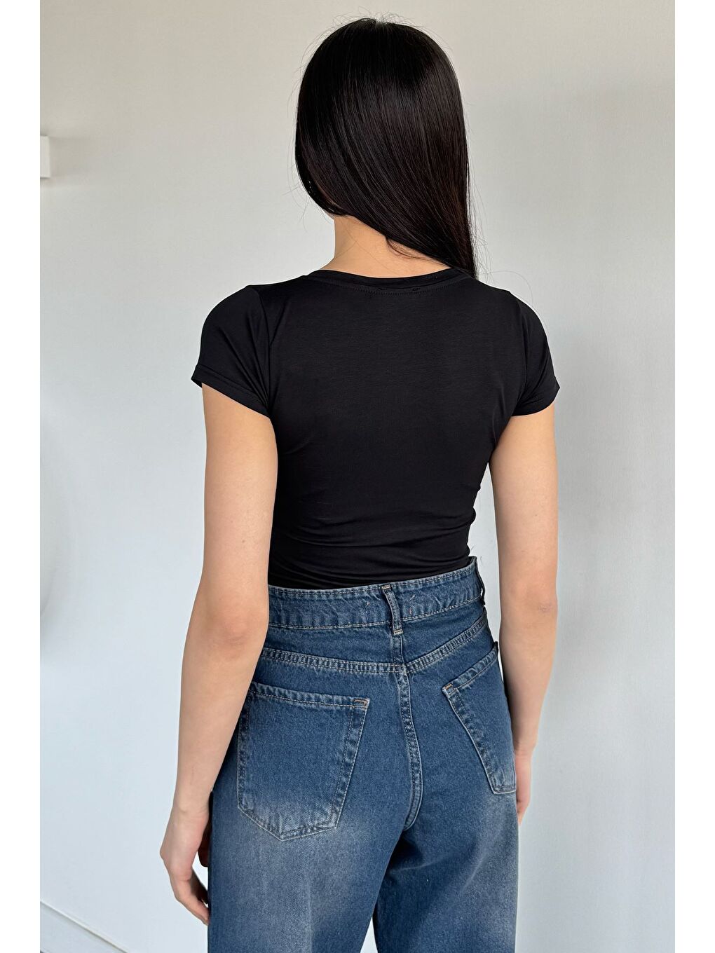 Siyah Kadın Kare Yaka Elastanlı Basic Body Bluz-3