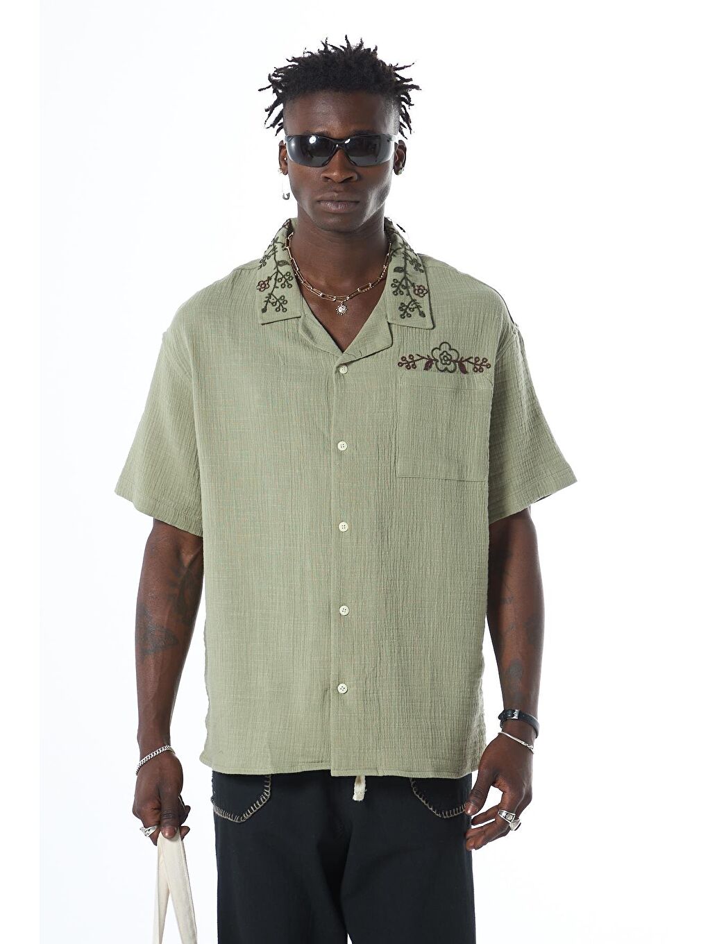 Nakış Detaylı Oversize Keten Gömlek Haki-1