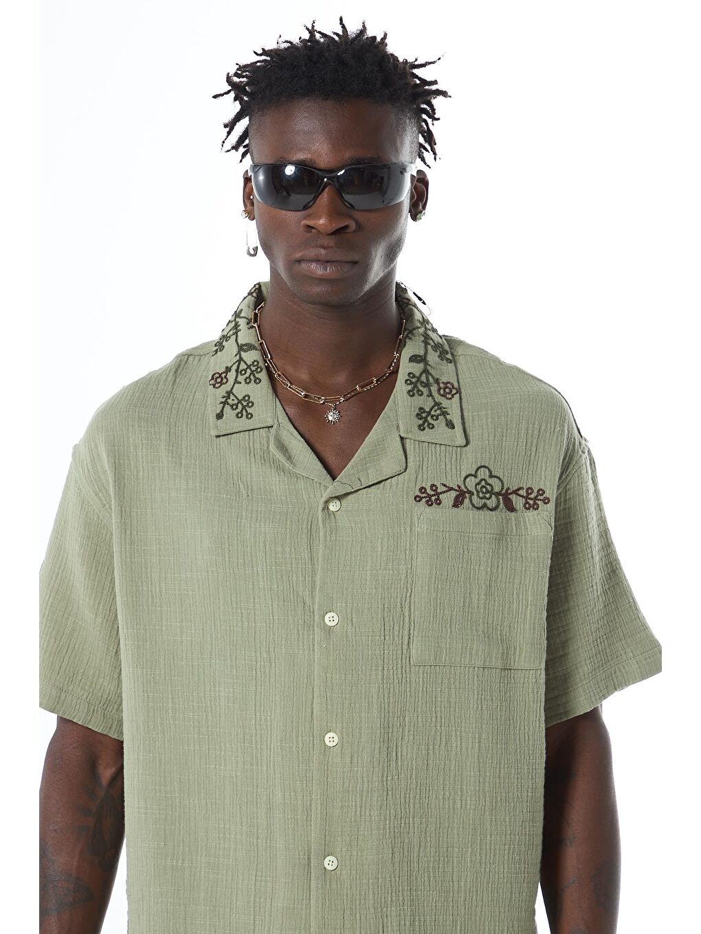 Nakış Detaylı Oversize Keten Gömlek Haki-2