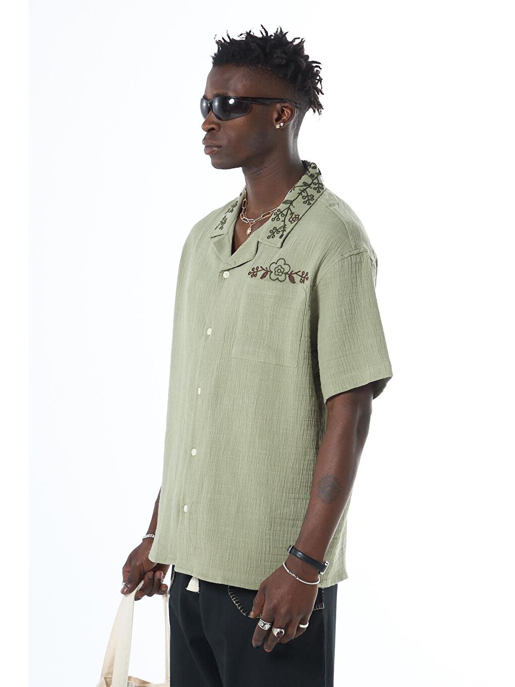 Nakış Detaylı Oversize Keten Gömlek Haki-4