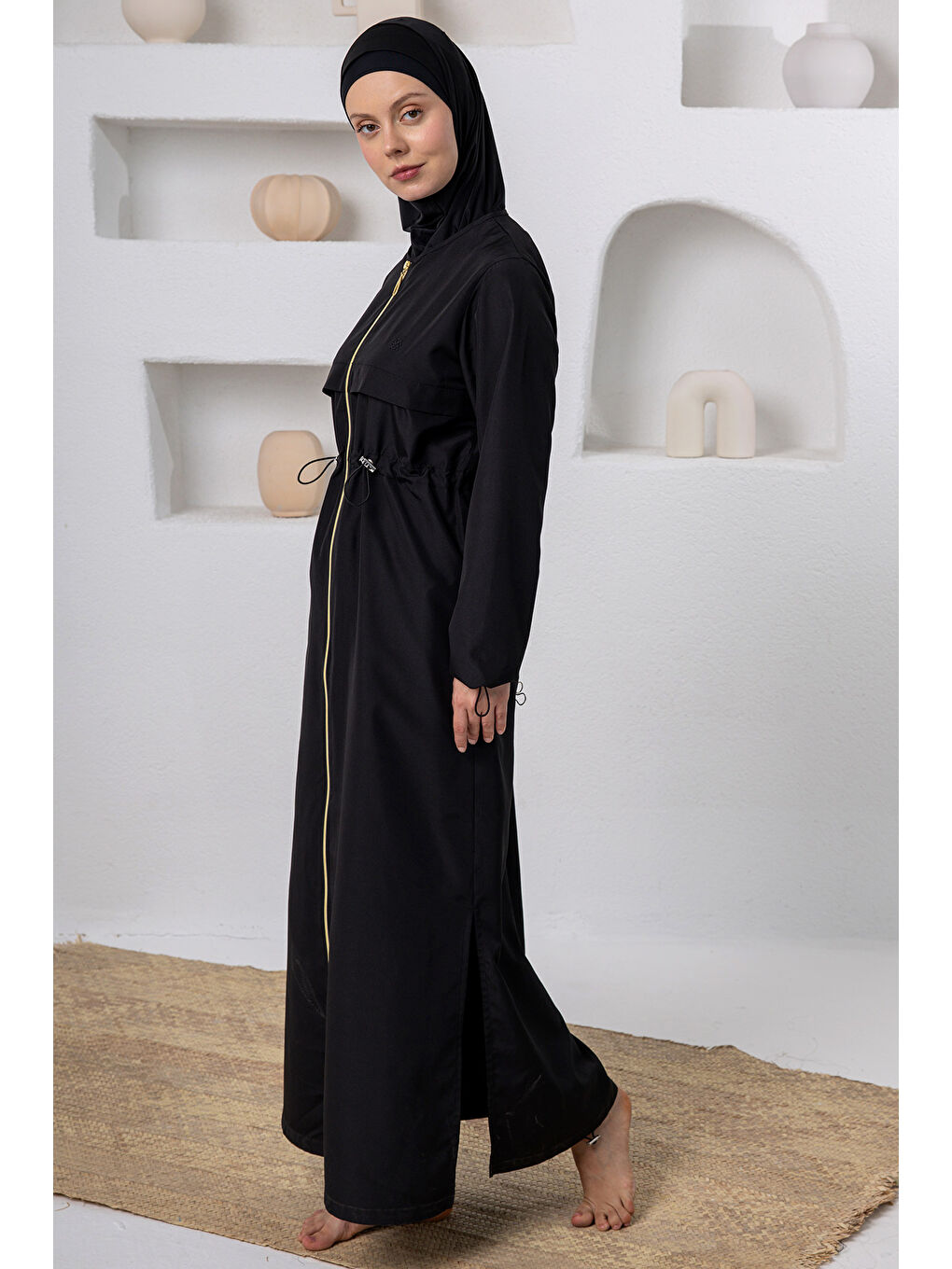 Büyük Beden UV Korumalı Tam Boy Tam Kapalı Uzun Tesettür Mayo 1505-1 Siyah02-1