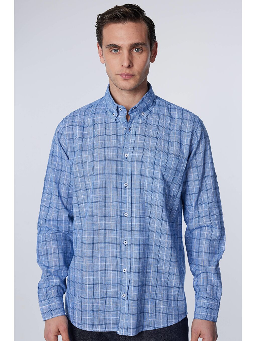 Karışık Erkek Regular Fit Klasik Kesim %100 Pamuk Keten Doku Tek Cepli Kareli Düğmeli Yaka Gömlek-1