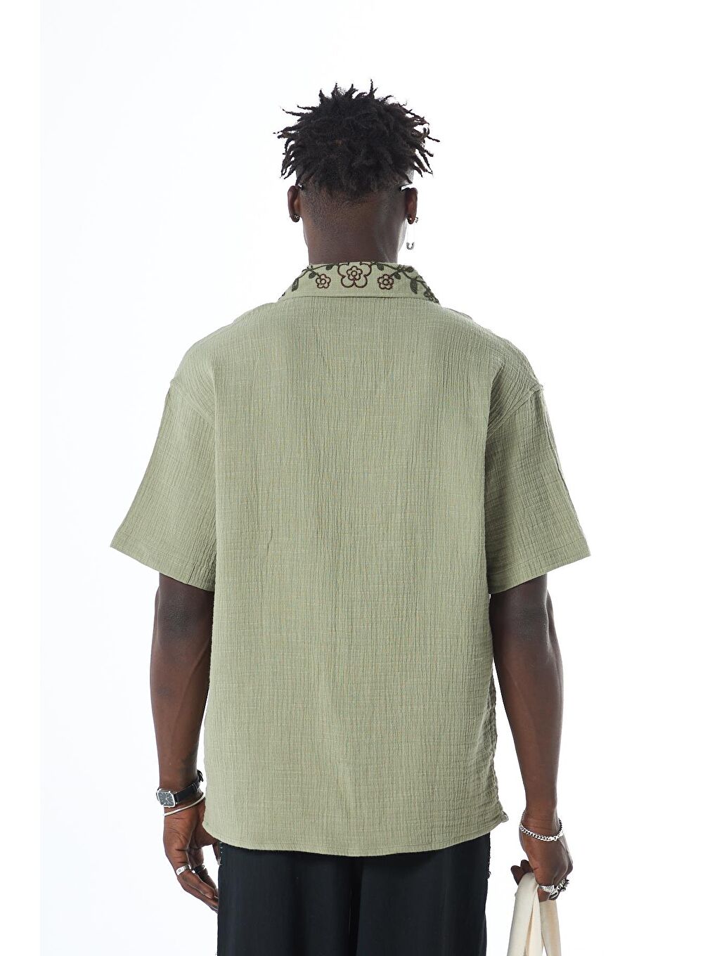 Nakış Detaylı Oversize Keten Gömlek Haki-5