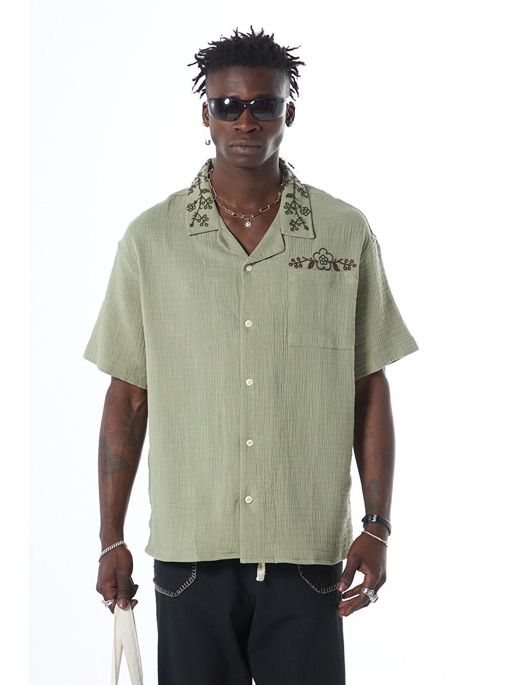 Nakış Detaylı Oversize Keten Gömlek Haki-6