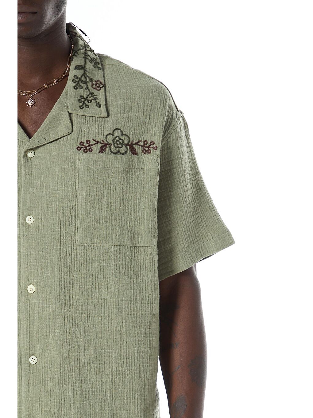 Nakış Detaylı Oversize Keten Gömlek Haki-7