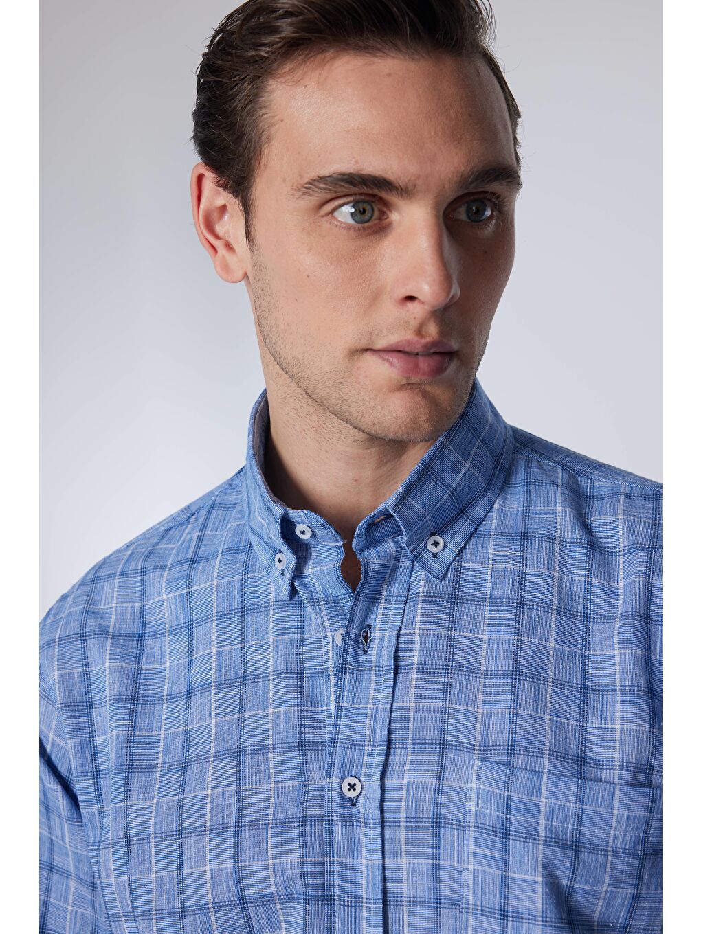 Karışık Erkek Regular Fit Klasik Kesim %100 Pamuk Keten Doku Tek Cepli Kareli Düğmeli Yaka Gömlek-2