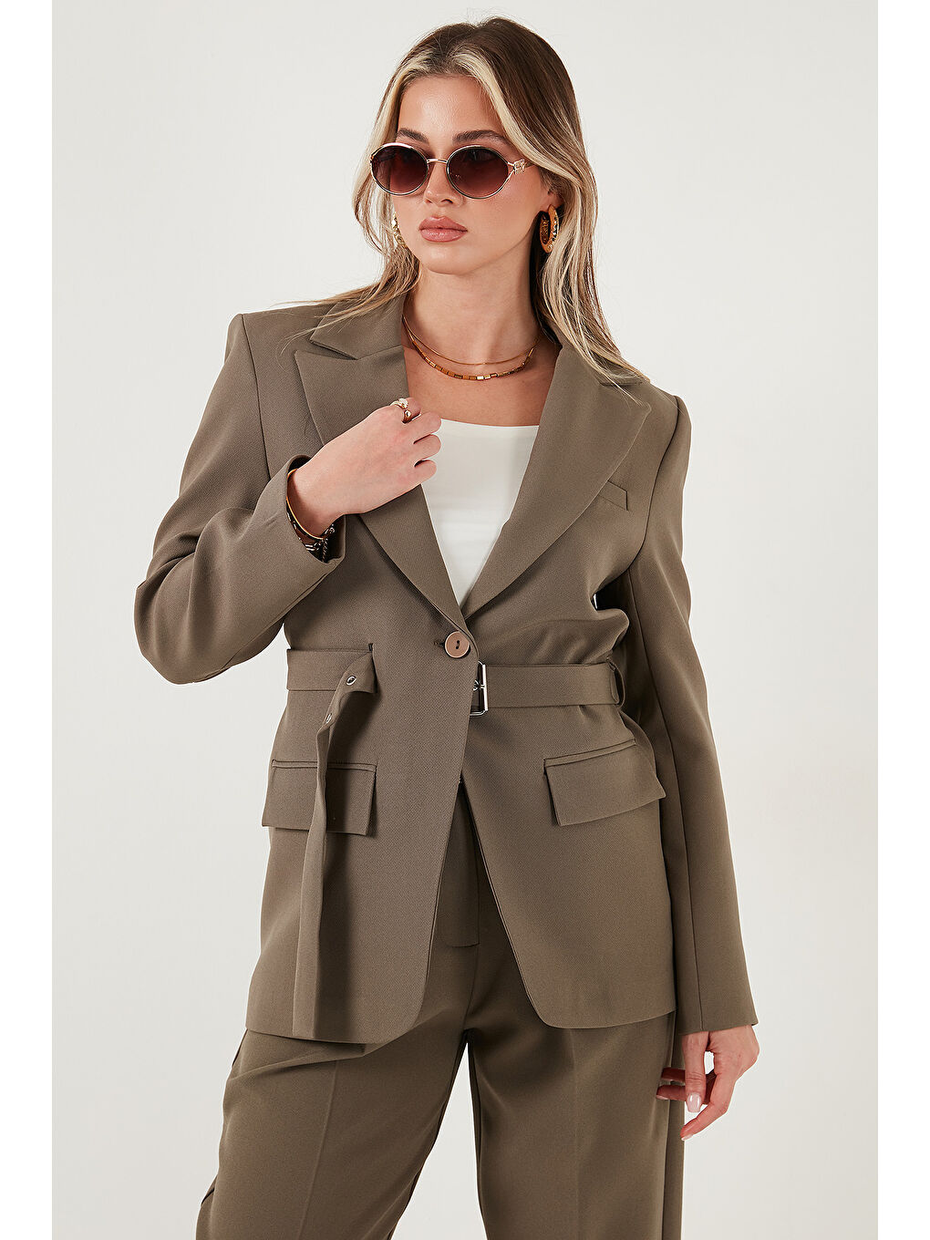 Haki Regular Fit Kruvaze Yaka Kemerli Blazer Ceket 6839367