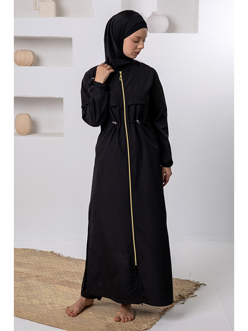 Büyük Beden UV Korumalı Tam Boy Tam Kapalı Uzun Tesettür Mayo 1505-1 Siyah02-2