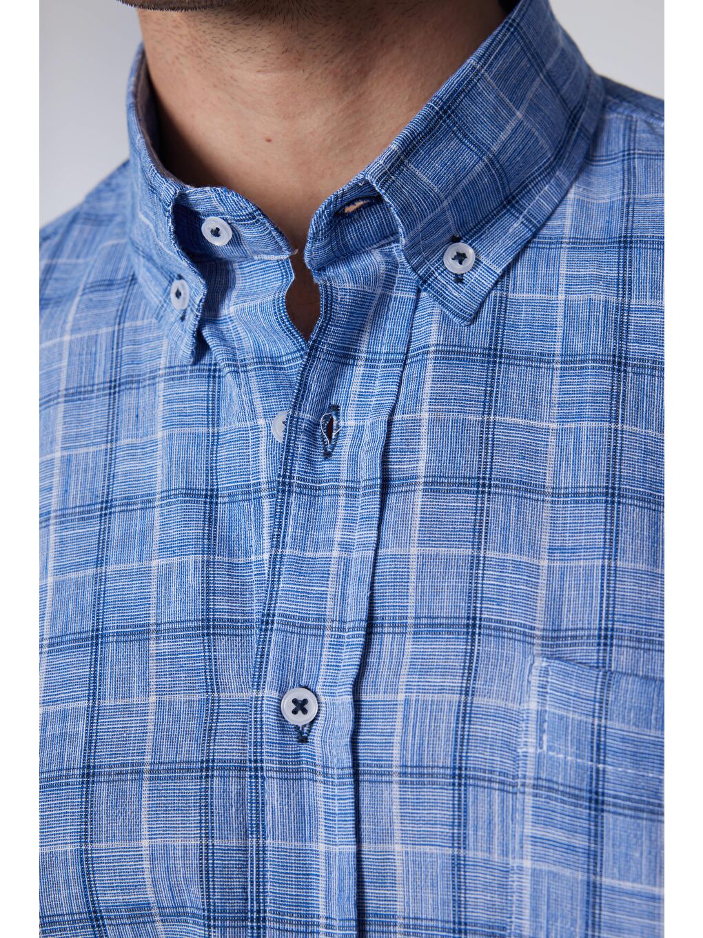 Karışık Erkek Regular Fit Klasik Kesim %100 Pamuk Keten Doku Tek Cepli Kareli Düğmeli Yaka Gömlek-3