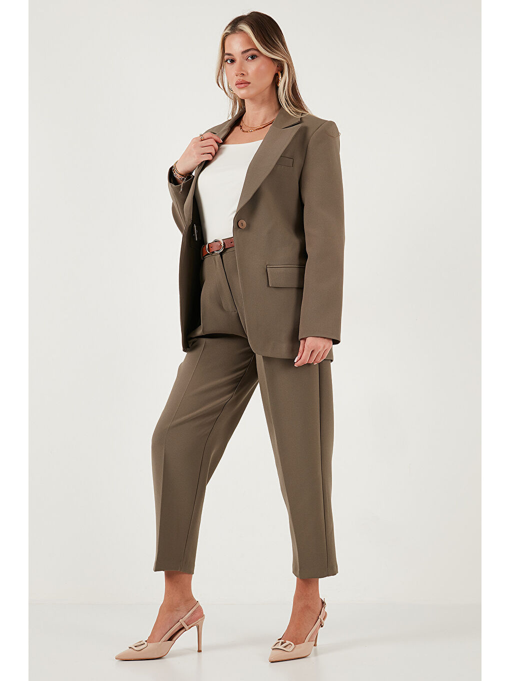 Haki Regular Fit Kruvaze Yaka Kemerli Blazer Ceket 6839367-1