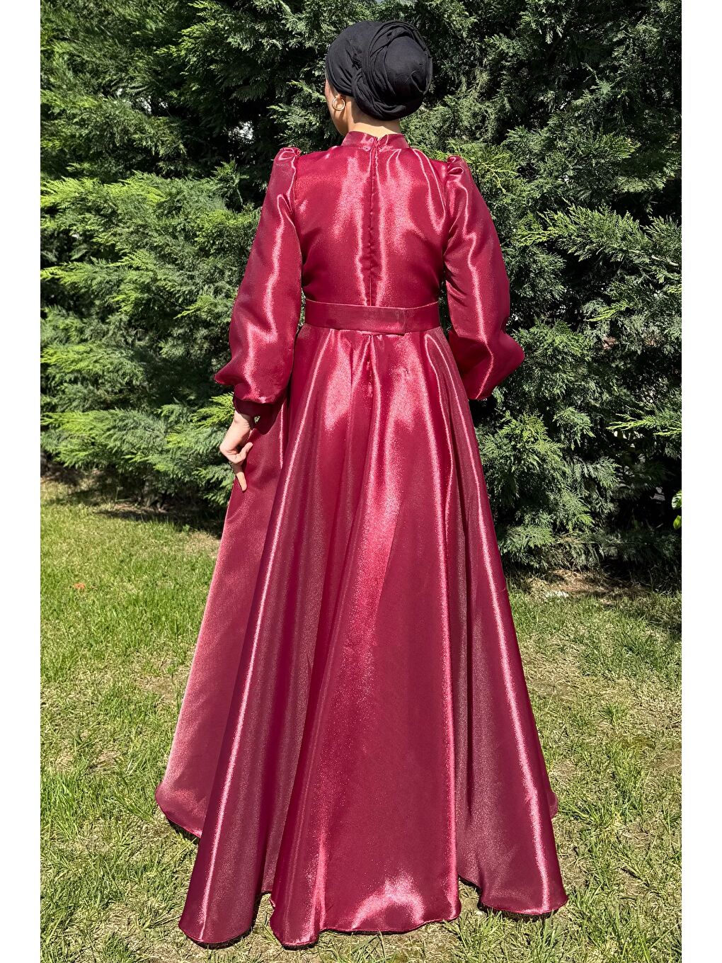 Bordo Kadın Ön Drapeli Omuz Detaylı Bel Taşlı Kuşaklı Prenses Model Tesettür-7