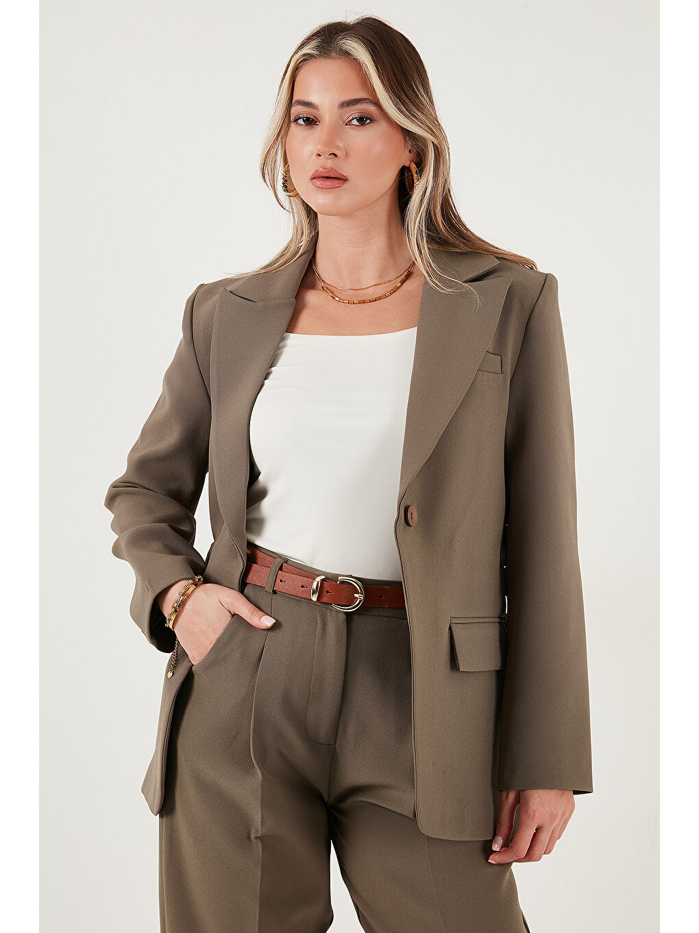 Haki Regular Fit Kruvaze Yaka Kemerli Blazer Ceket 6839367-2