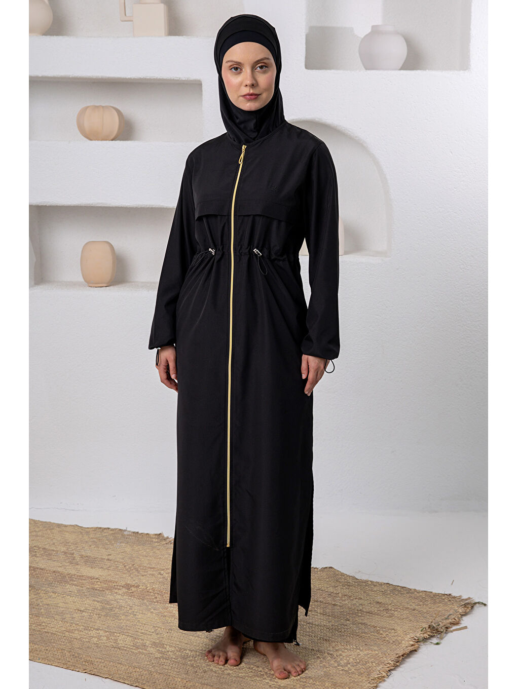 Büyük Beden UV Korumalı Tam Boy Tam Kapalı Uzun Tesettür Mayo 1505-1 Siyah02-3