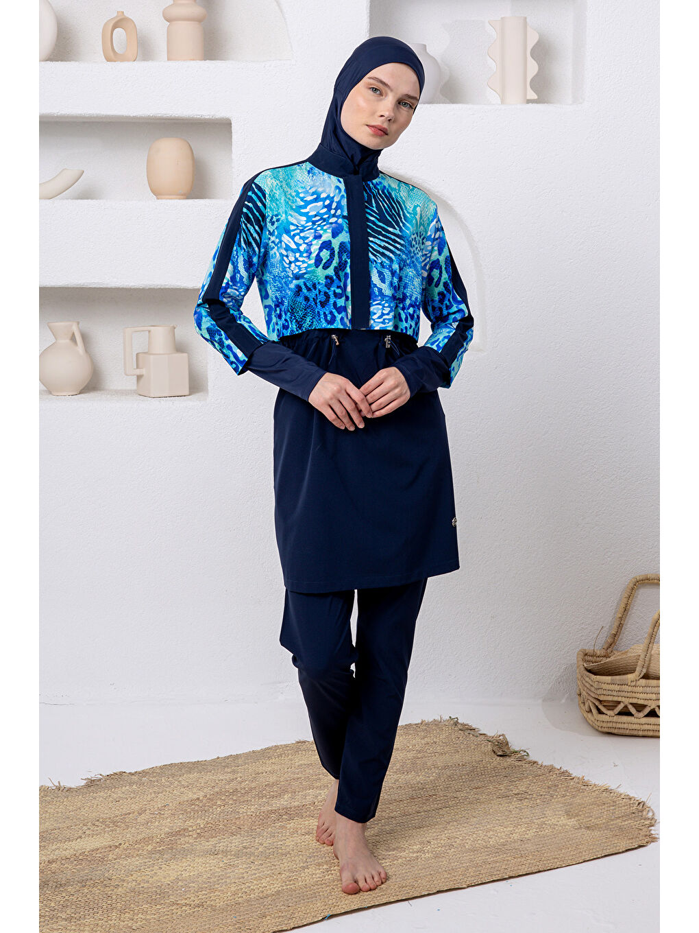 UV Korumalı Spor Elastan Tam Kapalı Tesettür Mayo 1208 Koyu Lacivert-2