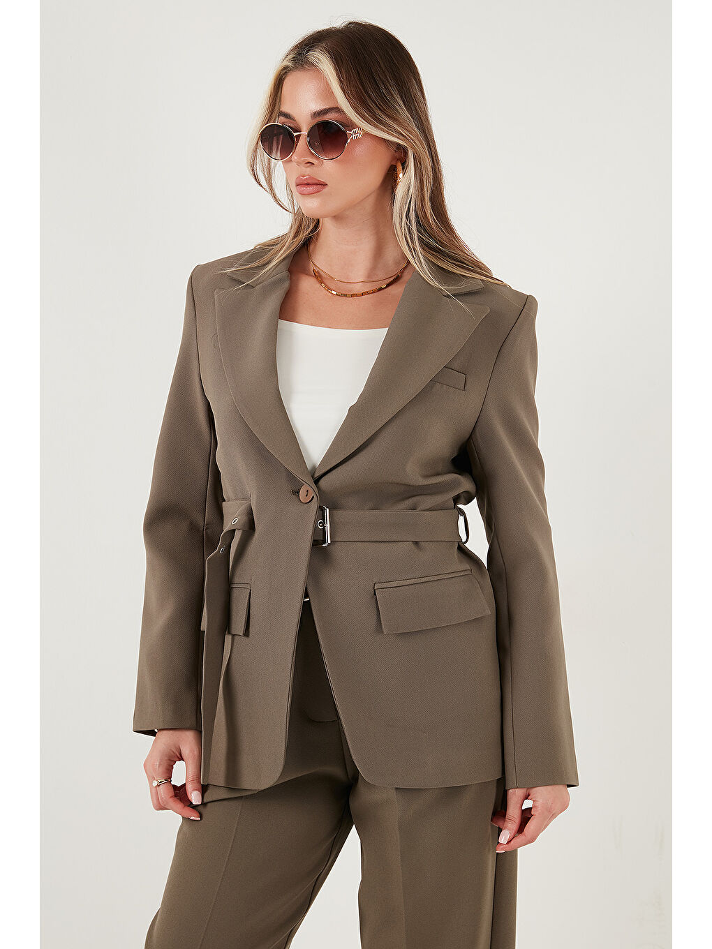 Haki Regular Fit Kruvaze Yaka Kemerli Blazer Ceket 6839367-4