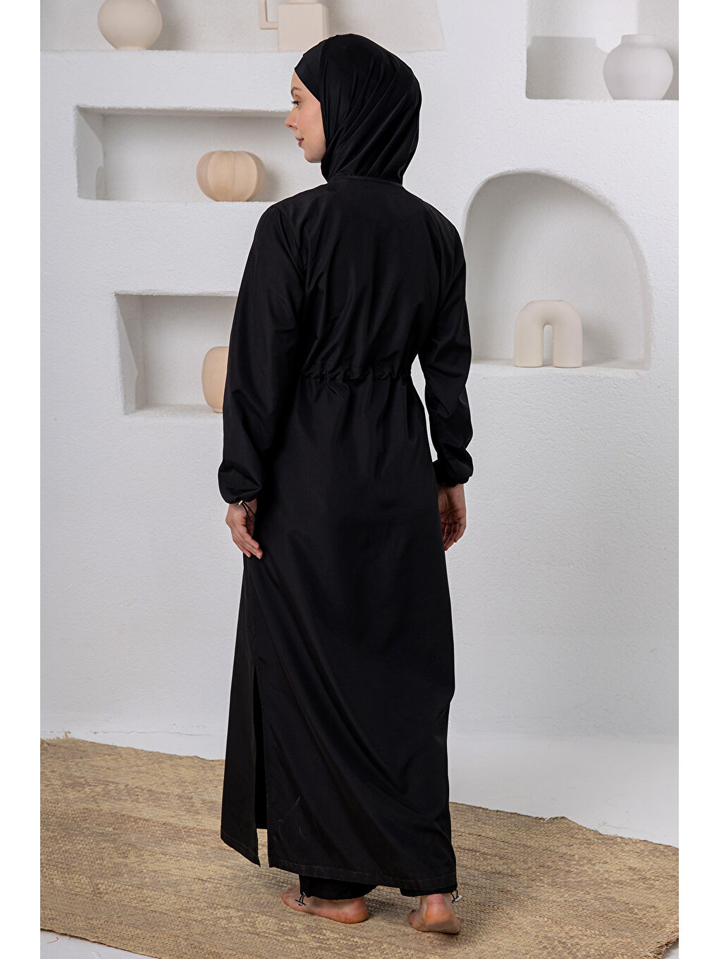 Büyük Beden UV Korumalı Tam Boy Tam Kapalı Uzun Tesettür Mayo 1505-1 Siyah02-4