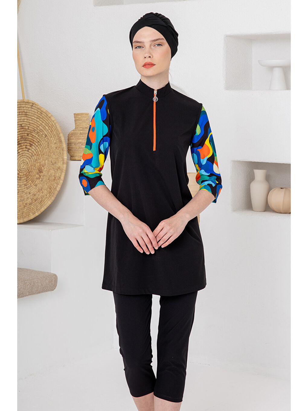 UV Korumalı Truvakar Kollu Taytlı Spor Elastan Yarı Kapalı Mayo 1606 Siyah03