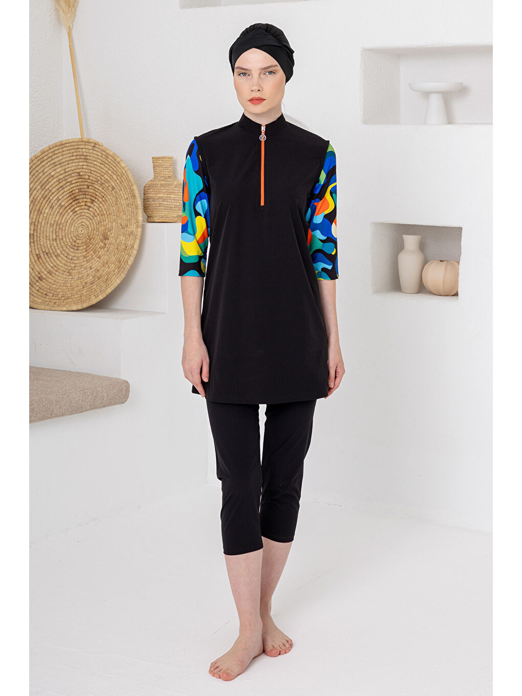 UV Korumalı Truvakar Kollu Taytlı Spor Elastan Yarı Kapalı Mayo 1606 Siyah03-1