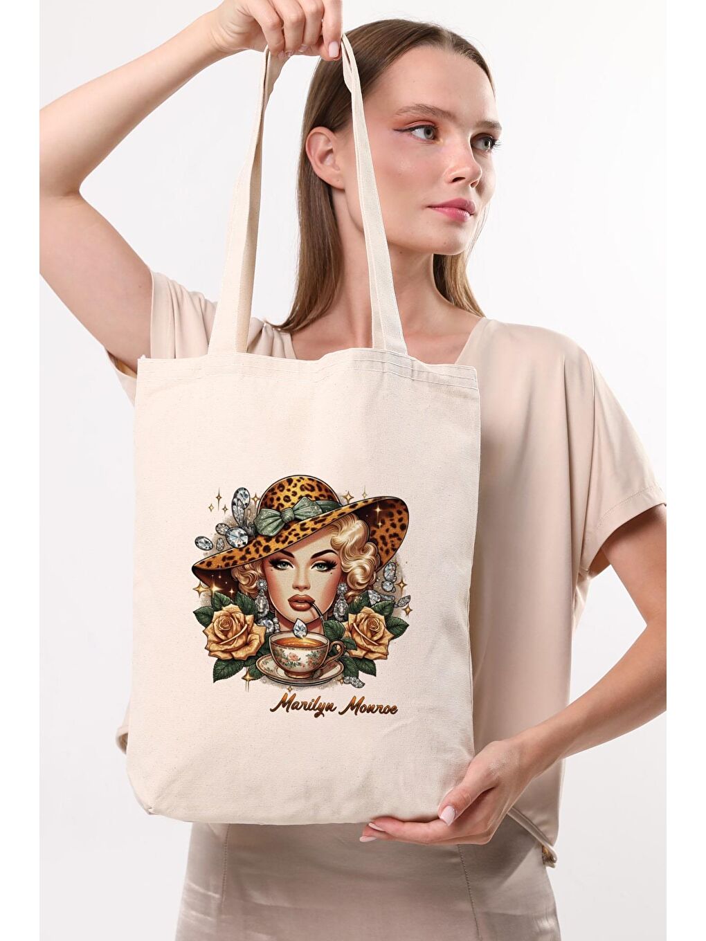 Ekru Kanvas Marilyn Monroe Baskılı Bez Çanta-1