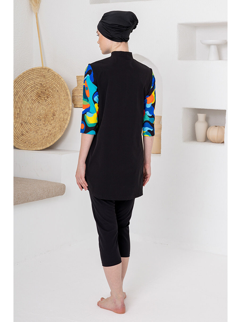 UV Korumalı Truvakar Kollu Taytlı Spor Elastan Yarı Kapalı Mayo 1606 Siyah03-3