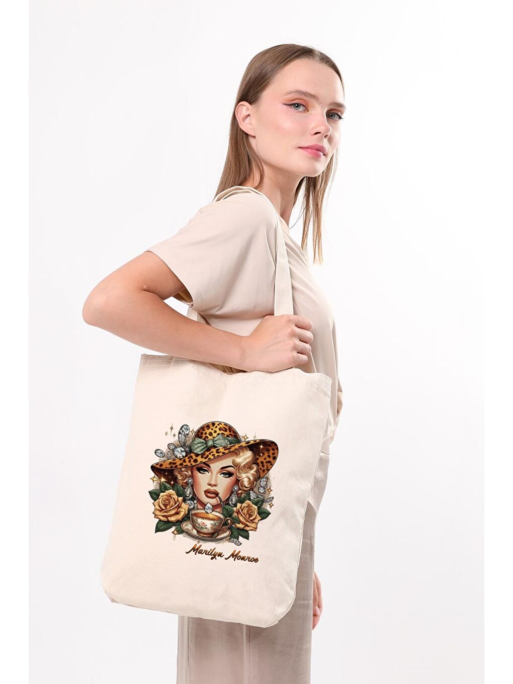 Ekru Kanvas Marilyn Monroe Baskılı Bez Çanta-2