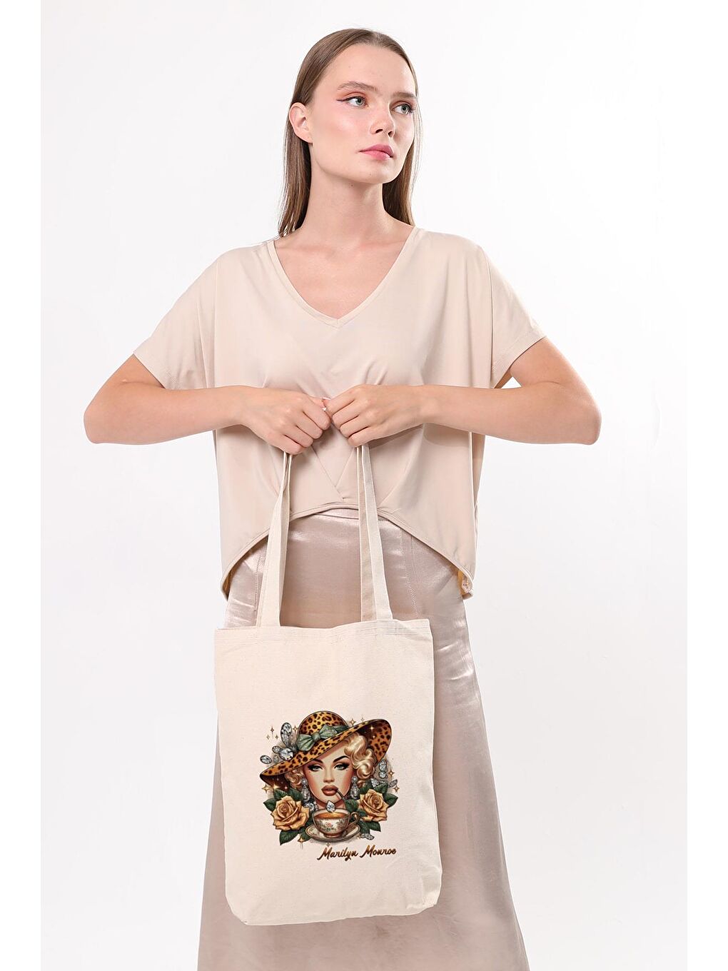 Ekru Kanvas Marilyn Monroe Baskılı Bez Çanta-3