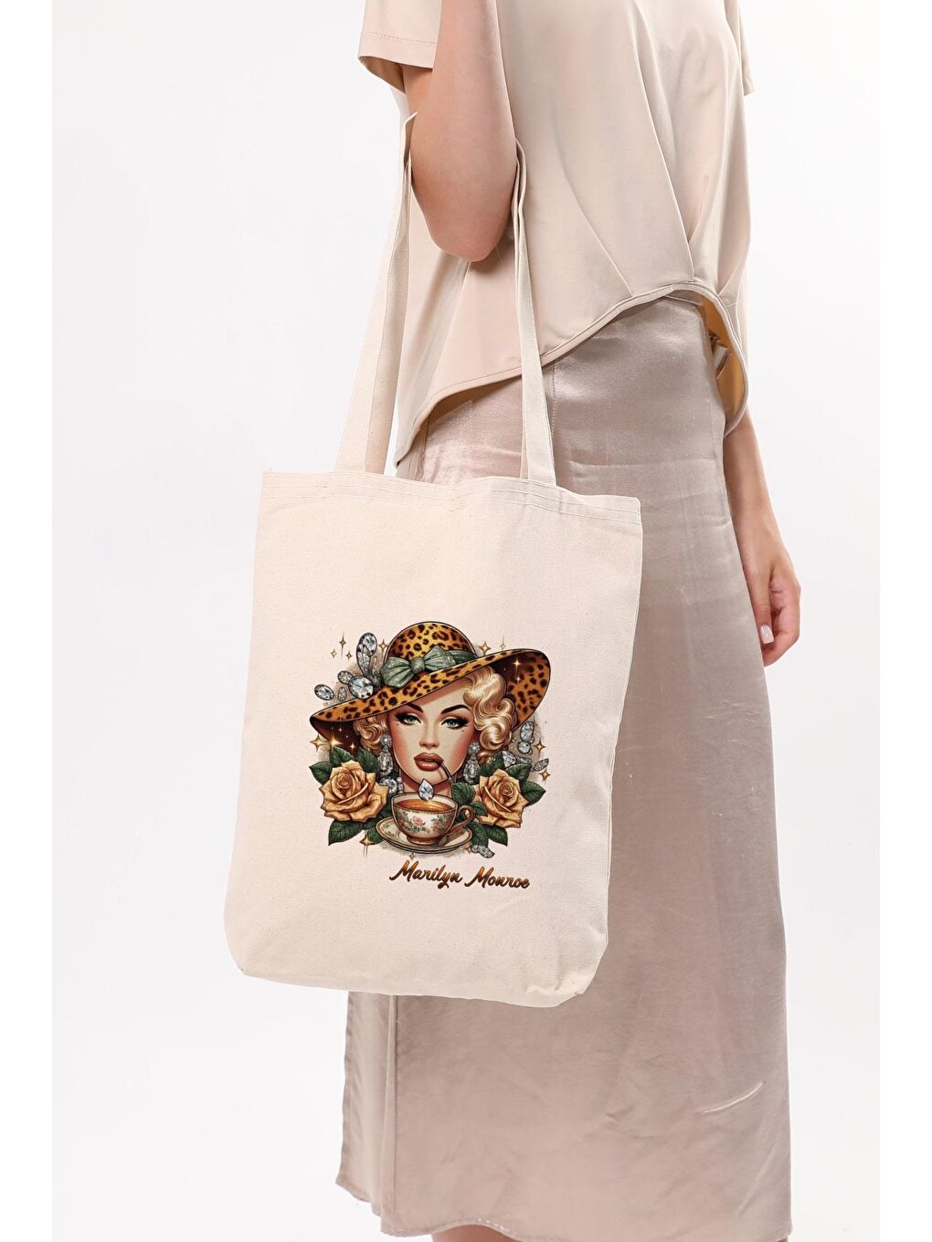 Ekru Kanvas Marilyn Monroe Baskılı Bez Çanta-4