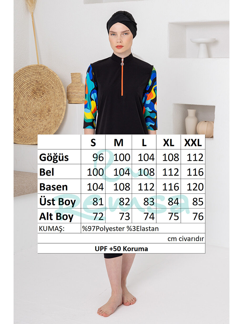 UV Korumalı Truvakar Kollu Taytlı Spor Elastan Yarı Kapalı Mayo 1606 Siyah03-4