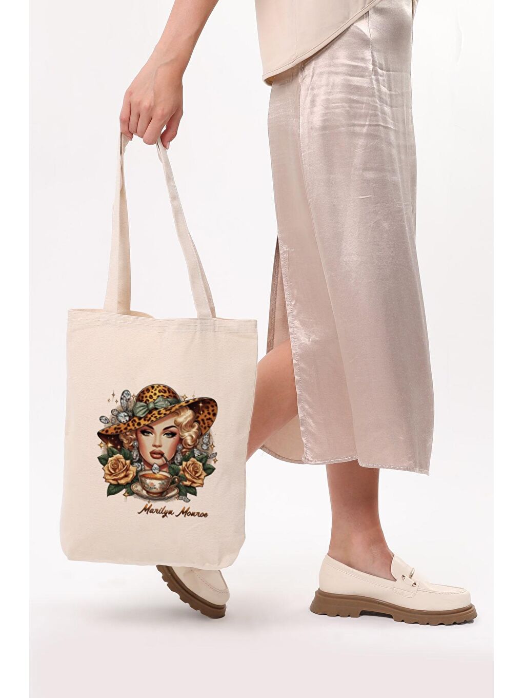 Ekru Kanvas Marilyn Monroe Baskılı Bez Çanta-5