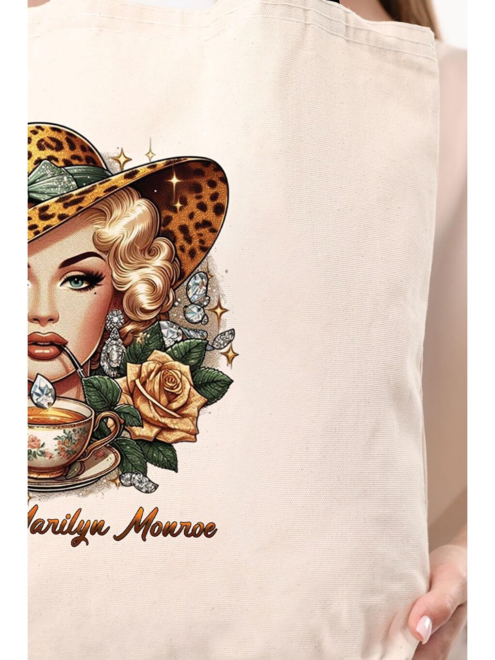 Ekru Kanvas Marilyn Monroe Baskılı Bez Çanta-6