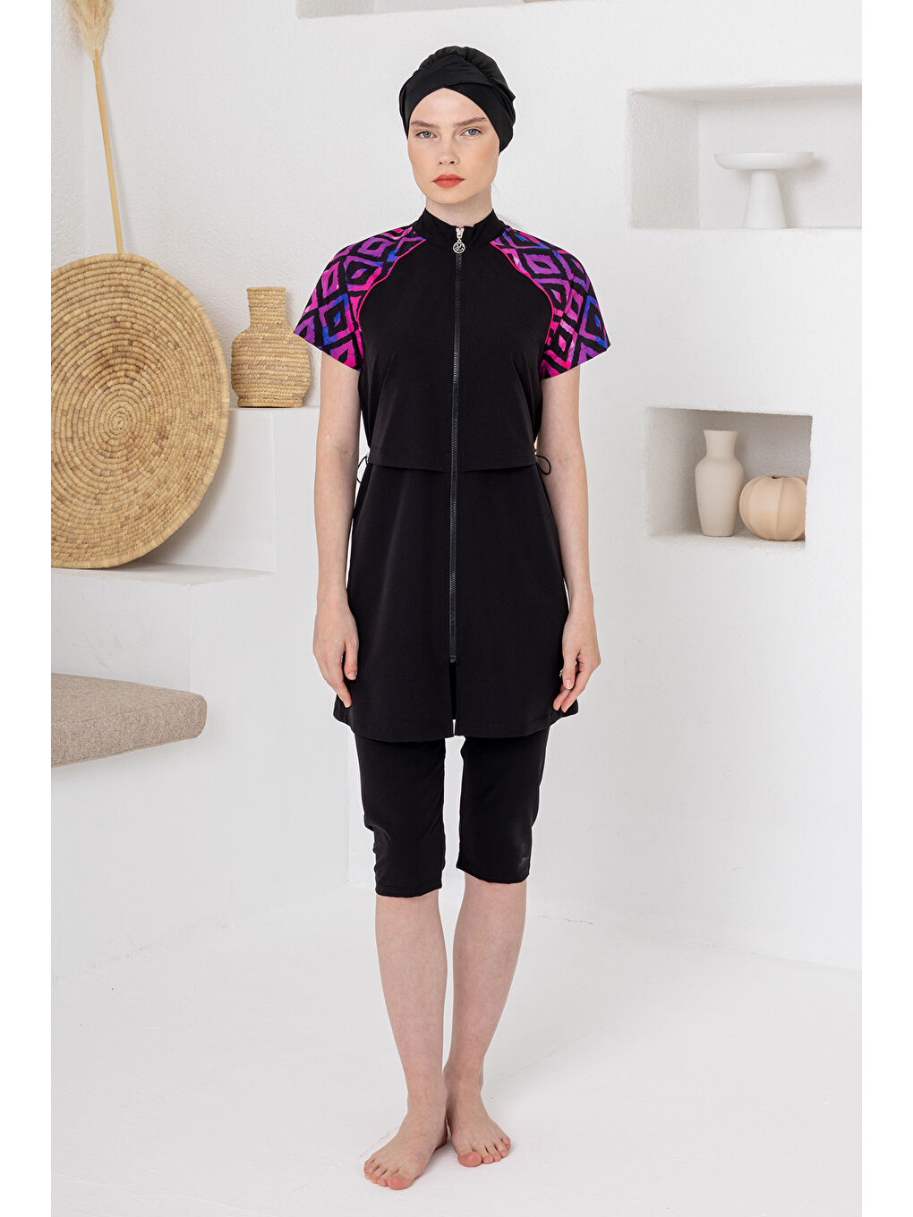 UV Korumalı Spor Elastan Kısa Kol Yarı Kapalı Tesettür Mayo 1607 Siyah04-1