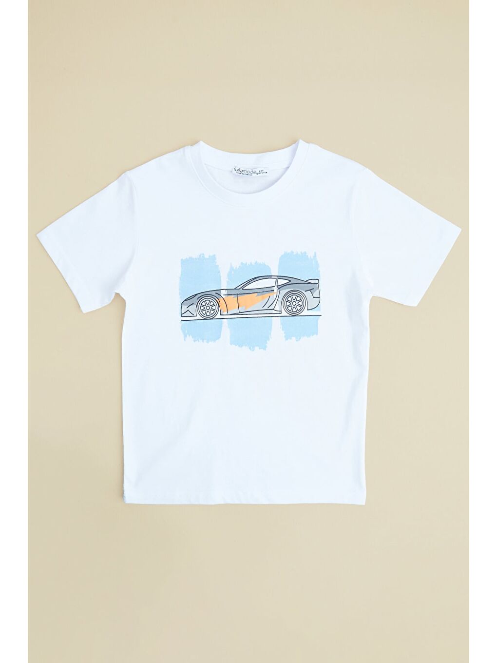 Beyaz Araba Baskılı Bisiklet Yaka Erkek Çocuk Tişört